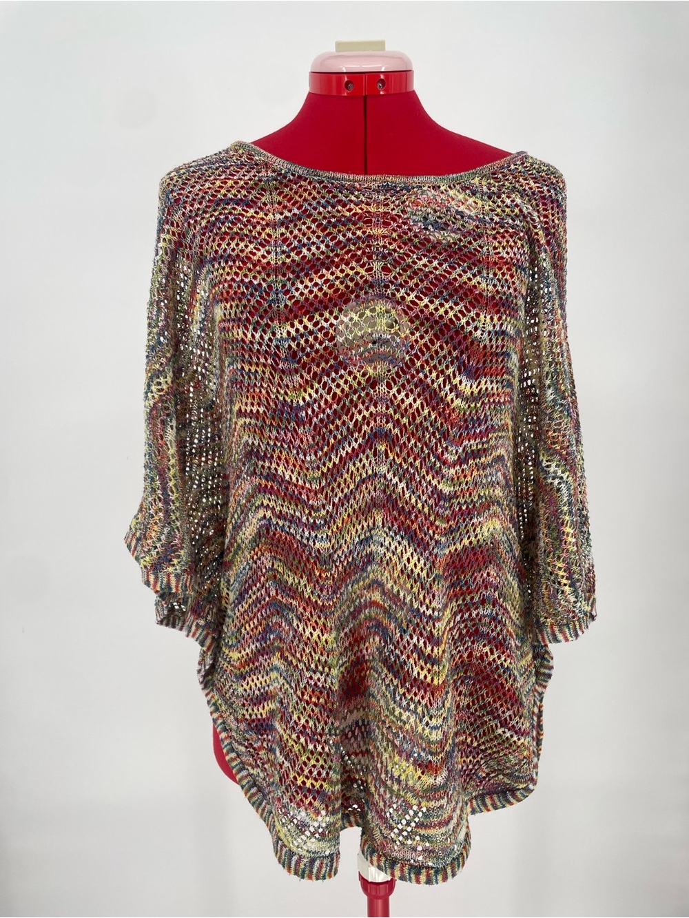 Muted Rainbow Striped Open Knit db Brand Poncho Festival Boho Shawl Tunic Top - Picture 9 of 9